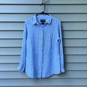 Tahari Crinkle Linen Top Roll Tab Sleeve Blouse Light Blue Women’s Medium